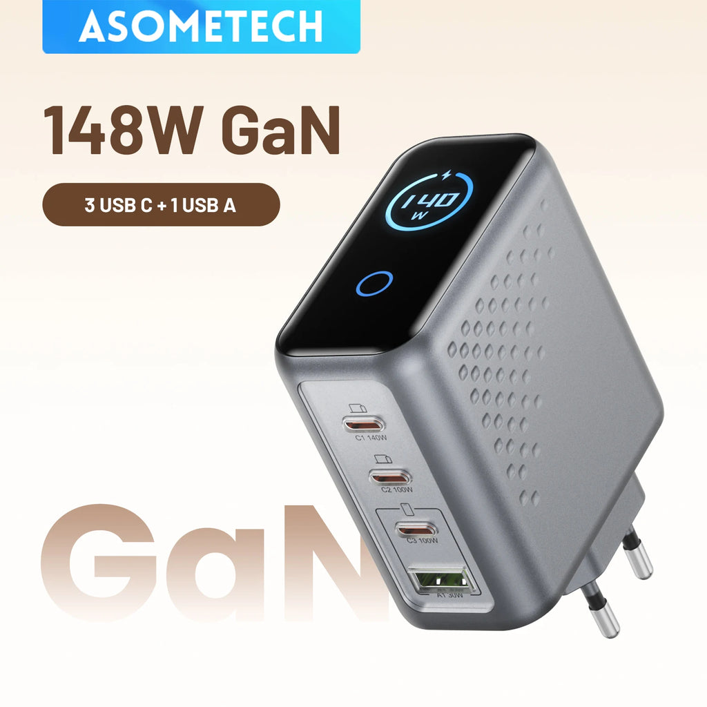 148W GaN USB Type C Charger with Display 140W PD3.1 3.0 QC4.0 3.0 Fast Charge For Macbook Tablet Phone Charger For iPhone 17 16